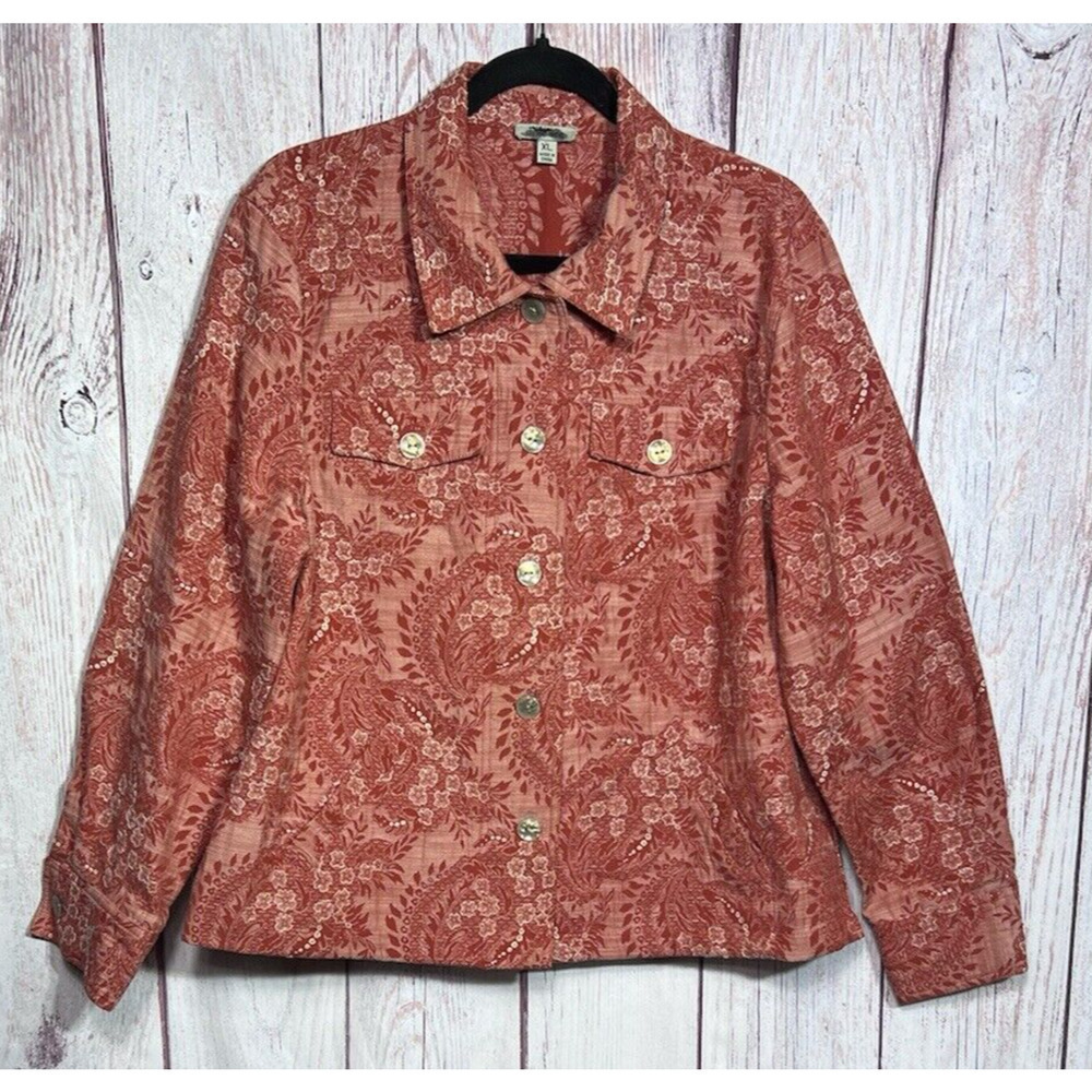 J Bee Womens Shirt Jacket Embroidered Long Sleeve Button Up Orange Salmon XL